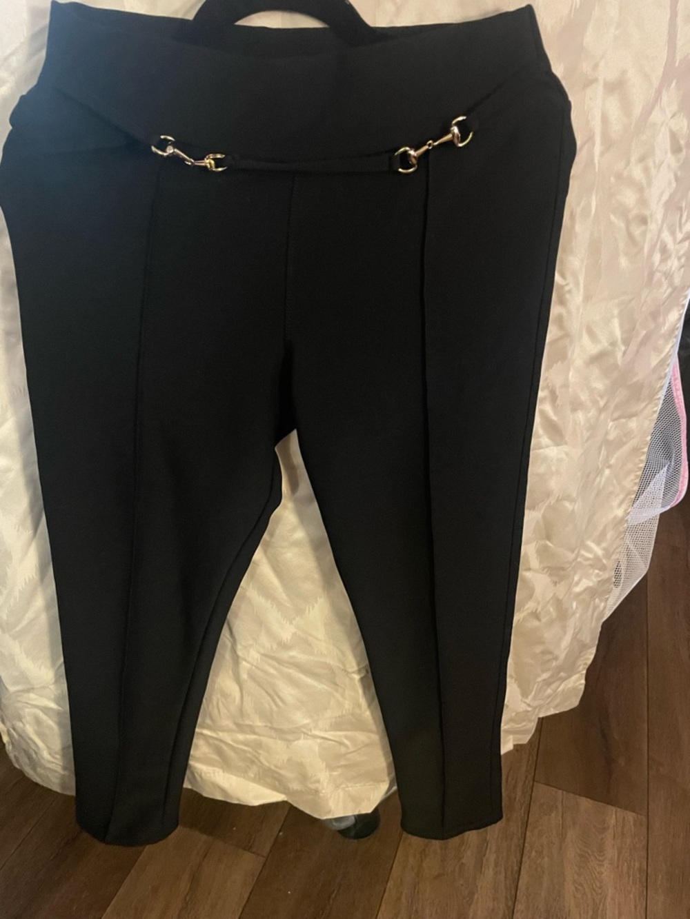 Black Ponte Ankle Pants with Decorative Chain